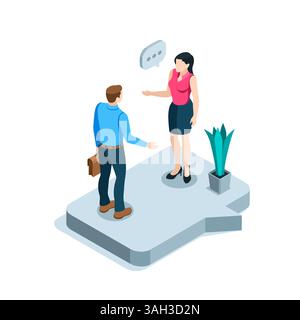isometric business man and woman talking while standing on a large text bubble in color on a white background, communication or conversation Stock Vector