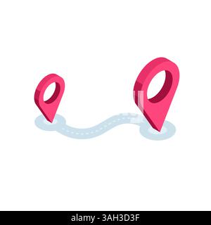isometric location icons at two ends of the road, in color on a white background, route on the map Stock Vector
