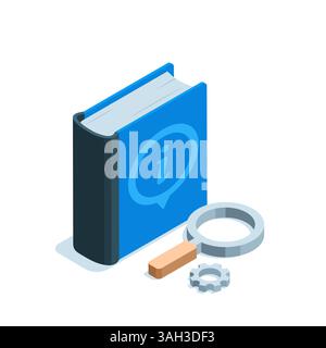 isometric book with info icon and magnifier with gear in color on white background, reference book or dictionary Stock Vector