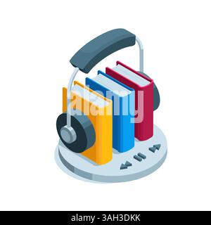 isometric headphones on books in color on a white background, e-book or audiobook Stock Vector