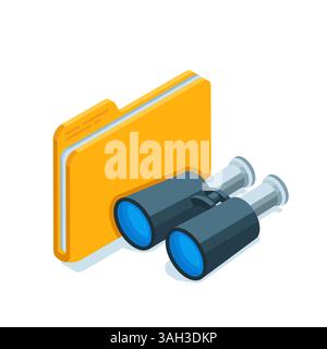 isometric folder and binoculars in color on a white background, search by catalog or folder Stock Vector