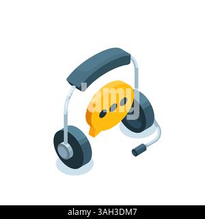 isometric headphones with microphone and text bubble in color on white background, online consultation or helpline Stock Vector