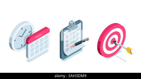 isometric set of business icons in color on a white background, a calendar with a clock and a clipboard with a pencil next to the target Stock Vector
