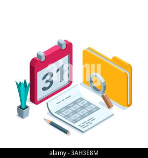 isometric concept in color on a white background, financial report on a sheet of paper near a folder and calendar Stock Vector