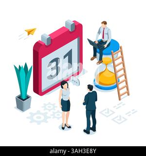 isometric calendar and hourglass and business people in color on a white background, teamwork or meeting work tasks on time Stock Vector