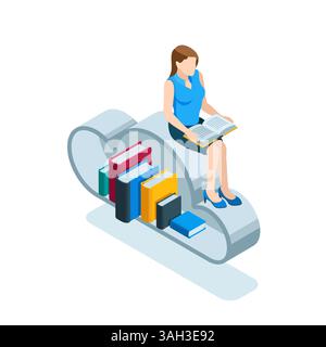 isometric woman reading a book on the big cloud with books in color on a white background, online library or cloud data storage Stock Vector