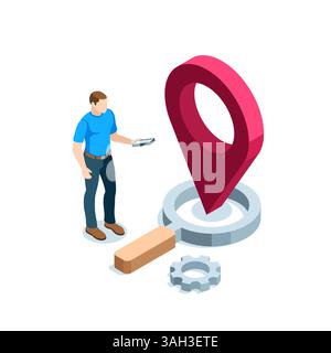 isometric magnifying glass and location icon and a man with a smartphone in color on white background, search for location or coordinates Stock Vector