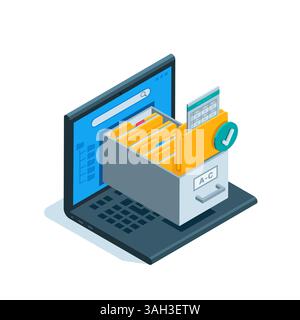 isometric laptop in the form of an archive of folders, in color on a white background, digital archive with documents and data Stock Vector