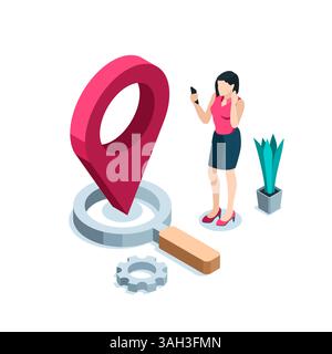 isometric magnifying glass and location icon and a woman with a smartphone in color on white background, search for location or coordinates Stock Vector