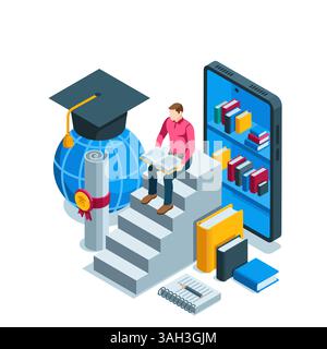 isometric man reading a book on steps near smartphone and globe with bachelor's cap and diploma in color on white background, online learning or libra Stock Vector