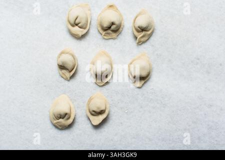 Overhead view of raw homemade wontons on a white countertop, top view of chicken dumplings on white background, process of making dumplings Stock Photo