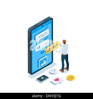 isometric man with text bubble near smartphone screen, in color on white background, chat or messenger Stock Vector