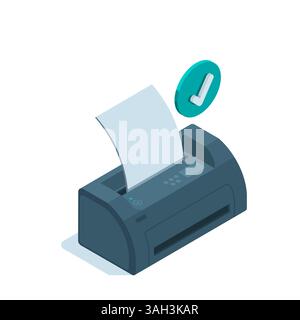 isometric printer or fax with a sheet of paper and a check mark, in color on a white background, peripheral information output device or test successf Stock Vector