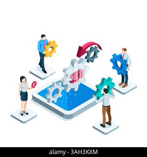 isometric concept business people with gears on platform in color on white background, seo development team or collaborative project Stock Vector