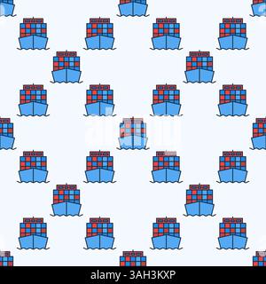 Ship with Containers - vector vessel concept colored seamless pattern Stock Vector