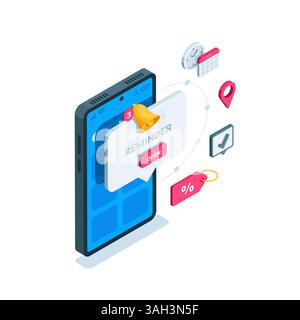 isometric smartphone and bell over text bubble with reminder inscription and button, in color on white background, alert or reminder app, clock icons Stock Vector