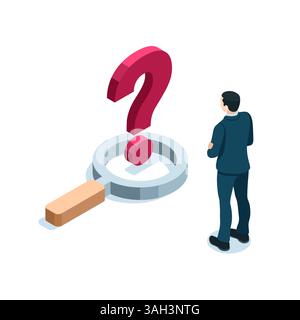isometric business man standing near a magnifying glass and a question mark in color on a white background, searching for business solutions Stock Vector