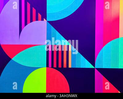 Vibrant Abstract Geometric Mural Eye-Level Perspective Stock Photo