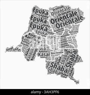 Democratic Republic of the Congo Text Style Regions. Country region names word clouds in French language. Vibrant vector illustration. Stock Vector
