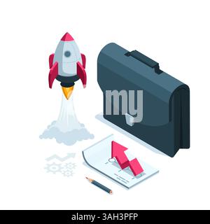 isometric rocket takes off near a business portfolio and a sheet of paper with an arrow in color on white background, startup in business Stock Vector