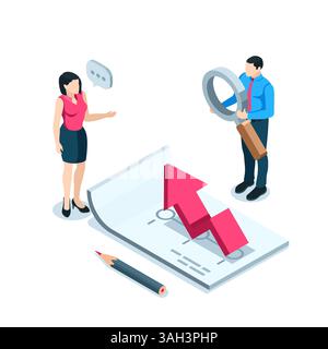 isometric man with a magnifying glass and a woman stand near a sheet of paper with a chart and an arrow in color on a white background, working with f Stock Vector