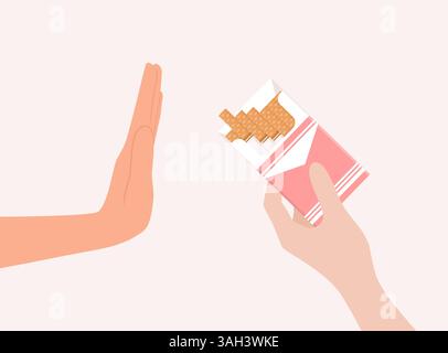Hand offering cigarettes and other hand in refusal gesture. Flat vector illustration Stock Vector