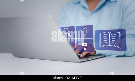 E-learning education concept, Education internet Technology, Learning online with webinar, Video tutorial, Internet lessons and online webinar, Person Stock Photo