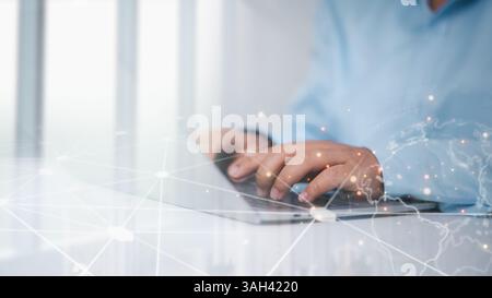 Digital technology, Internet global network technology concept, Data exchange, Ecommerce, Big data, Businesswoman using digital tablet computer with g Stock Photo