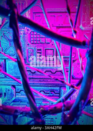 Futuristic Cable Network in Neon Hues Eye-Level View Stock Photo