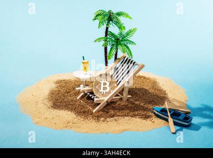 Bitcoin currency relaxing on a deck chair under palm trees on an island Stock Photo