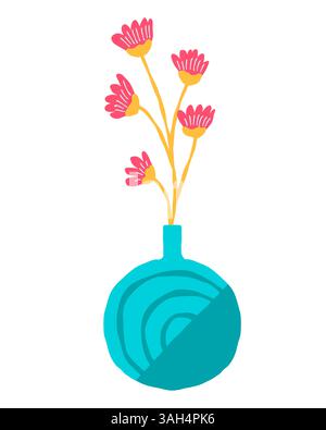Hand drawn flowers bouquet in blue vase, vector illustration for home decor and design, greeting card, banner, poster, label. Stock Vector