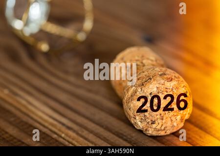 Year 2026 Symbol. A popped champagne cork with the date 2026. Celebrating the new year. copy space, close up Stock Photo