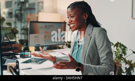 Business, video call and black woman with discussion in office for investment advice, online consultation and happy. Financial advisor, smile and Stock Photo