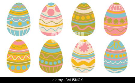 Happy Easter cute eggs in pastel colors. Set of Easter eggs with different ornaments on a white background. Spring holiday. Stock Vector