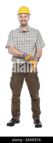 Smiling construction worker putting on work gloves isolated Stock Photo