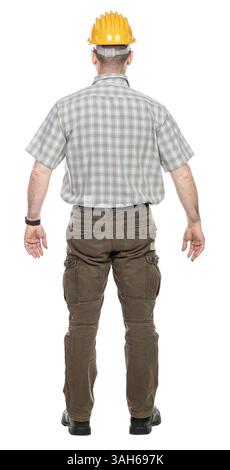 Rear view of a builder with yellow helmet standing on transparent background Stock Photo