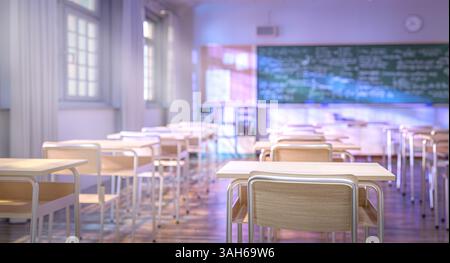 Empty classroom with desks and chalkboard showing math formulas 3d Stock Photo