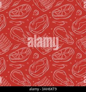 Seamless pattern of meat cuts in line art style on red background with steak, ribs and spices. Perfect for food packaging barbecue or butcher shop Stock Vector