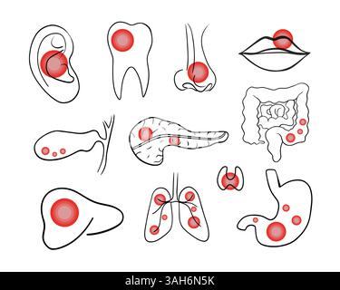 Vector isolated illustration of a set of human organs. Contour drawing of pain concentration in different internal organs... Stock Vector