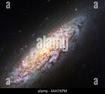 Jun 10, 2015 - Space - This galaxy, known as NGC 6503, has found itself in a lonely position, at the edge of a strangely empty patch of space called the Local Void. NGC 6503 is 18 million light-years away from us in the northern circumpolar constellation of Draco. NGC 6503 spans some 30,000 light-years, about a third of the size of the Milky Way. This Hubble Space Telescope image shows NGC 6503 in striking detail and with a rich set of colors. Bright red patches of gas can be seen scattered through its swirling spiral arms, mixed with bright blue regions that contain newly forming stars. Dark Stock Photo