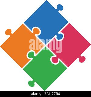 Colorful 4-Piece Puzzle Infographic Icon – Teamwork, Strategy, Integration Concept Stock Vector