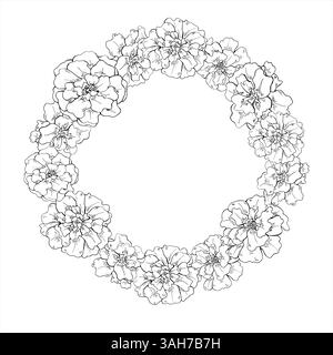 Marigold flower head vector wreath with copy space for text. Blooming tagetes flowers etching drawing painted by black inks. Floral border for garden Stock Vector
