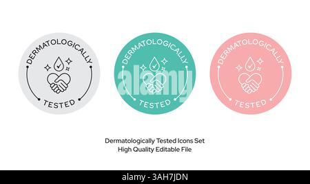 Dermatologically tested icons logo set download, dermatologist tested icon, for cosmetic packaging download line style vector pastel colours Stock Vector