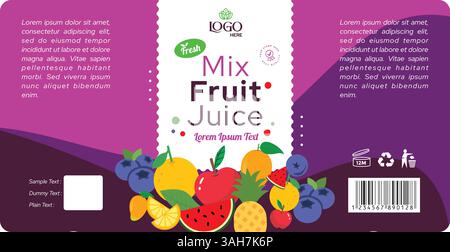 Mix Fruit Juice Label Design Template with Fresh Fruit Illustration Vector Print Ready with Mockup, Product label design juice bottle packaging design Stock Vector