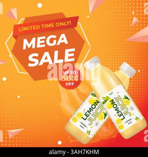 Lemon Juice Mega Sale Social Media Post Template Refreshing Summer Drink Promo Banner Design High quality Stock Vector