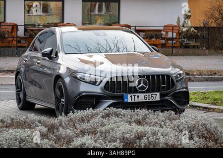 OSTRAVA, CZECHIA - DECEMBER 29, 2023: Grey Mercedes-Benz A-Class Hatchback AMG W177 car parked on street Stock Photo