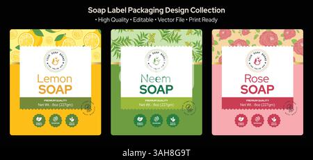 Lemon soap rose neem soap label design editable skincare soap herbal natural organic beauty luxury minimalist fragrance soap packaging template Stock Vector