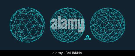 Sphere with connected lines. Global digital connections. Wireframe illustration. Abstract 3d grid design. Technology style. Stock Vector