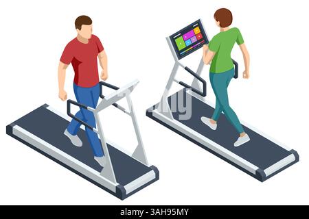 Isometric vector illustration of a man and a woman exercising on treadmills. Gym training, fitness workout, indoor cardio exercises, healthy lifestyle Stock Vector