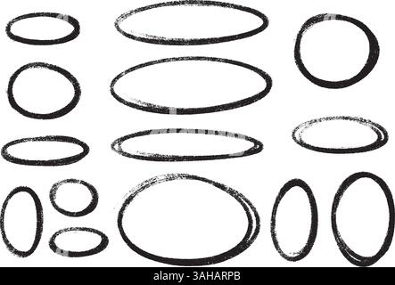 Crayon highlight oval shapes set - hand drawn black chalk or marker sketchy rough ellipse circles Stock Vector